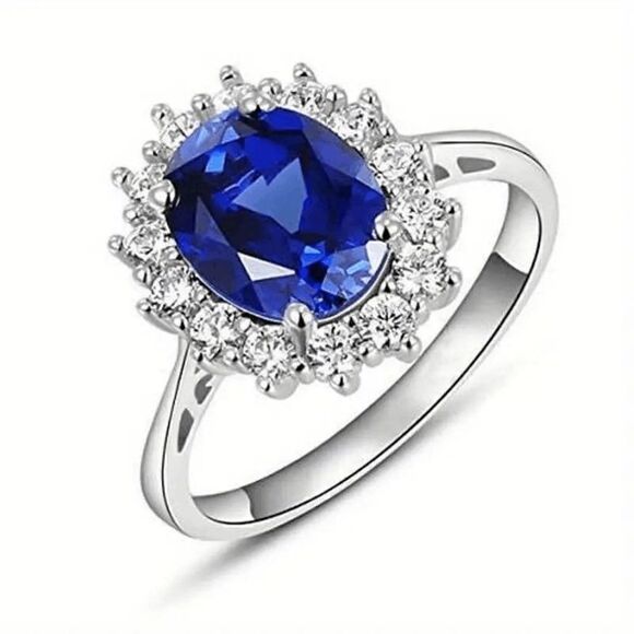 SAPPHIRE DIAMOND HALO WHITE GOLD RING - SIZE 7 - Picture 1 of 7